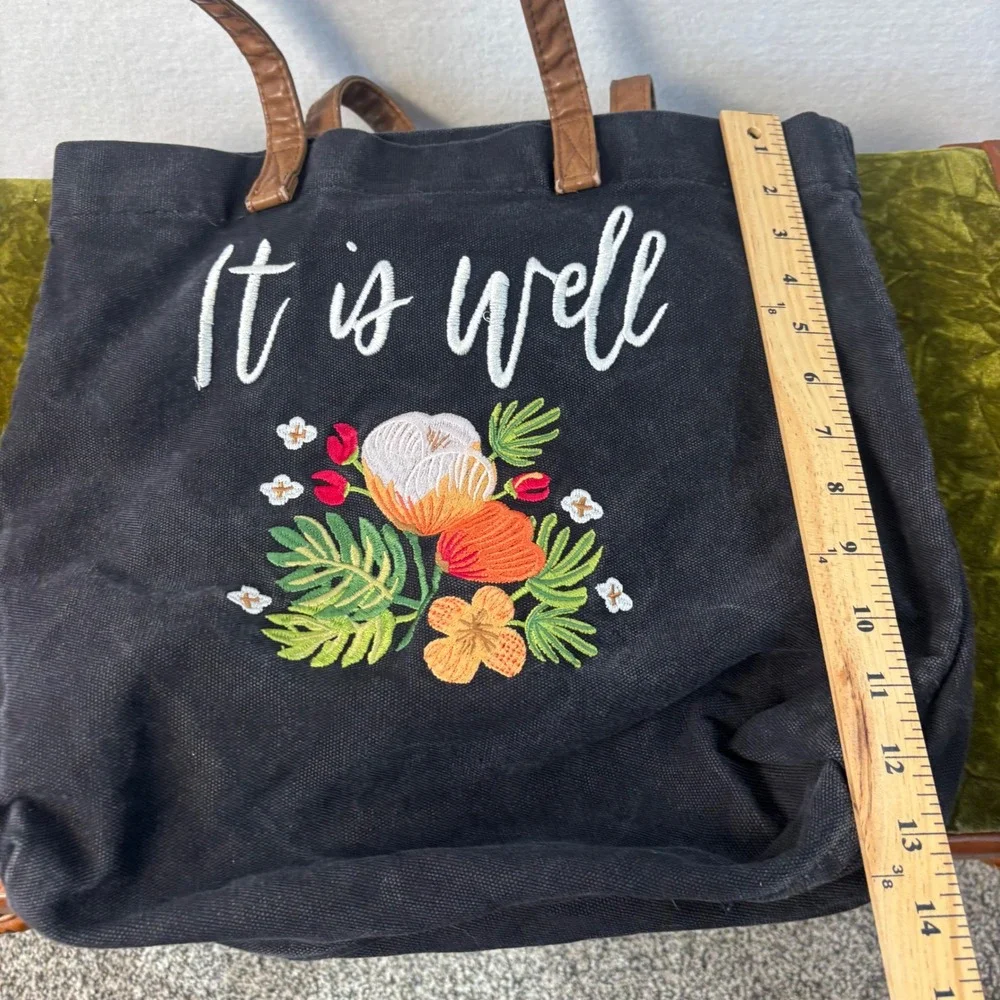 Mary & Martha It Is Well Embroidered Canvas Tote Bag Black Floral Christian